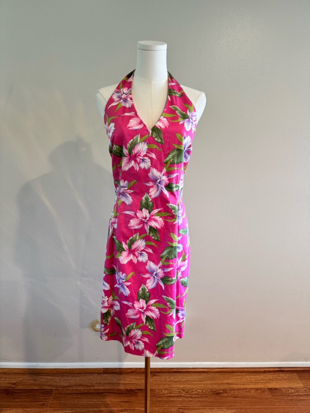 Vintage 90s Jones New York Pink Halter Tropical Floral Dress 97% Cotton